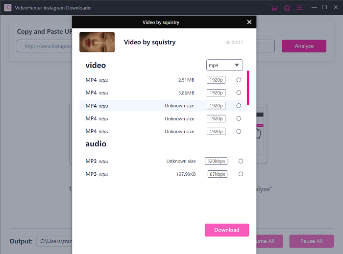 Select Output Settings for Instagram Downloads