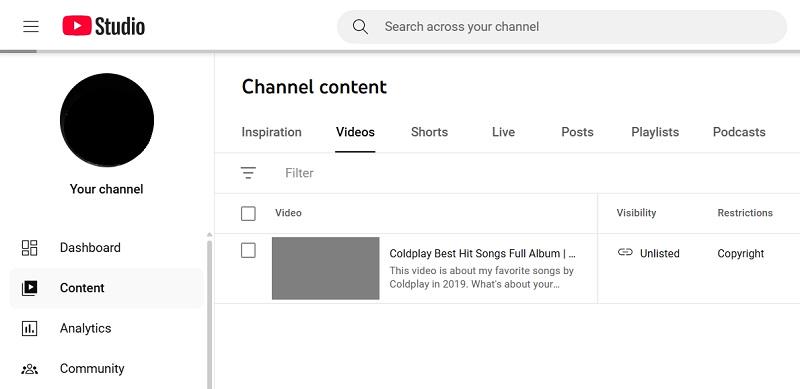 Find Unlisted Videos on YouTube Studio