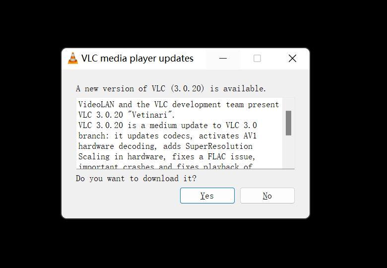 VLC アップデートメッセージ